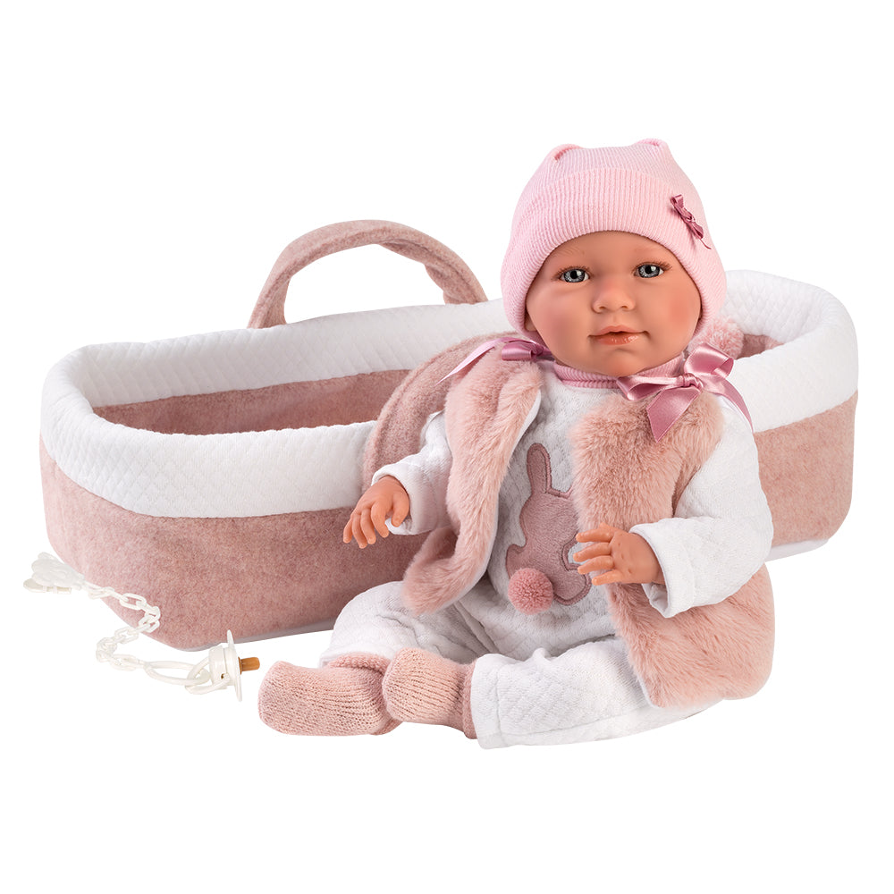 mu-ecas-llorens-mimi-42-cm-reci-n-nacido-que-llora-con-capazo-rosa image 2